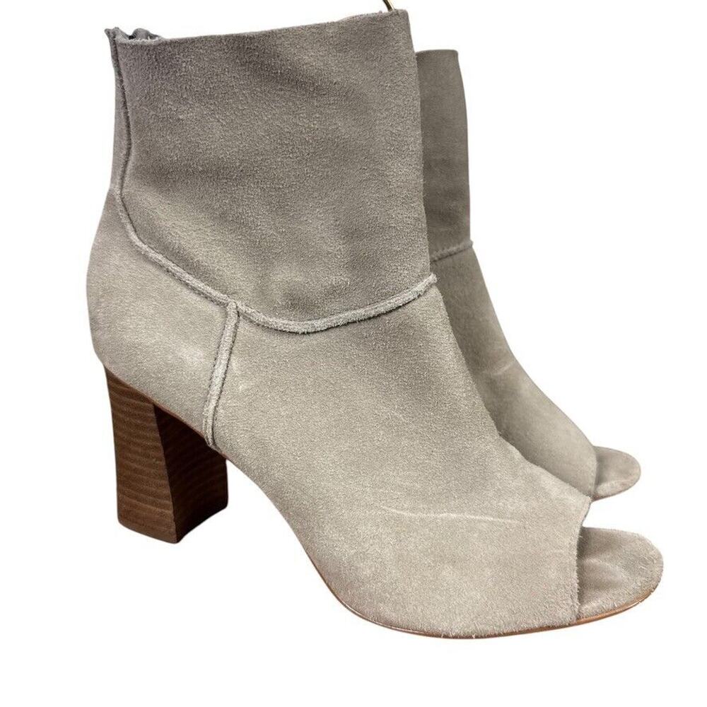 Sbicca Womens Suede Peep Toe Ankle Booties Block High Heels Shoes Beige sz 9